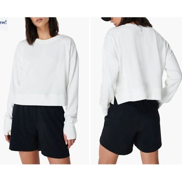 New Sweaty Betty White Long Sleeve Cropped Sweatshirt Top Size 6 Recycled Poly - Picture 1 of 10